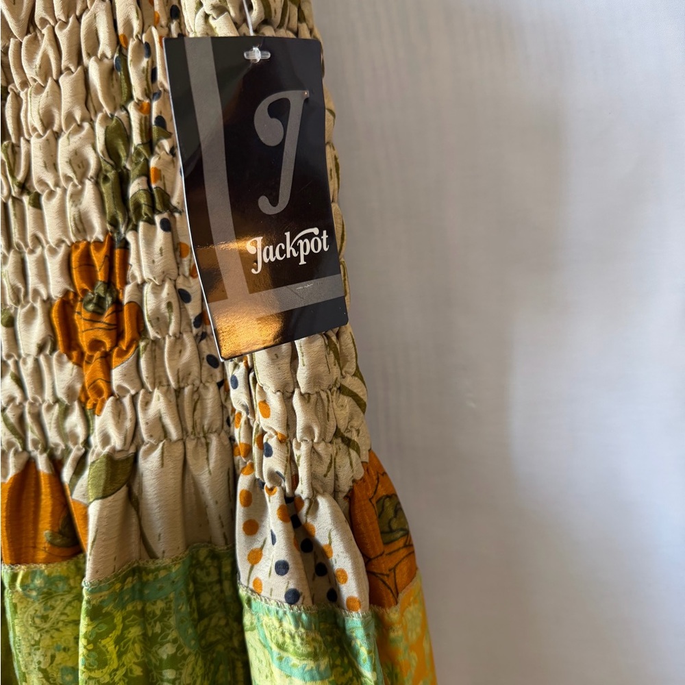 Bohemian Patchwork Maxi Dress with Smocked Bodice 100%silk - Picture 3 of 4